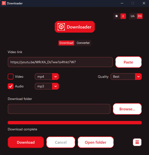 Completed audio download, dark theme